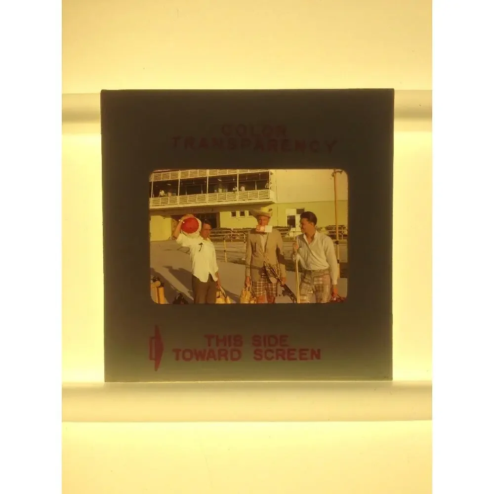 Vtg 1966 Bermuda Madras Plaid Shorts Three Men Vacation Photograph Color Slide